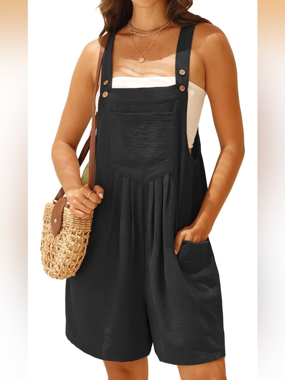 Women's Black Linen-Feel Short Overalls